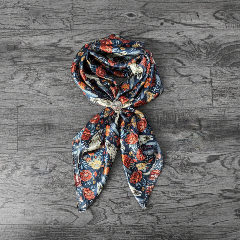 A Wild Rag with Navy Blue, Ivory, Rust Orange and Red, and Sage Floral Patterns Creative