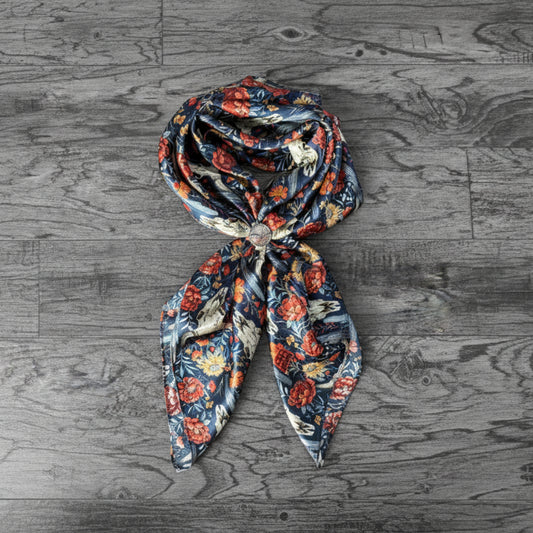 A Wild Rag with Navy Blue, Ivory, Rust Orange and Red, and Sage Floral Patterns Creative