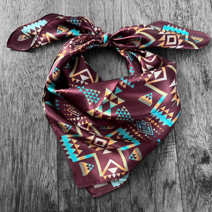 100% Silk Wild Rag Plum and Turquoise Native Tribal Print by Double B Wild Rags Neck Scarf Bandana
