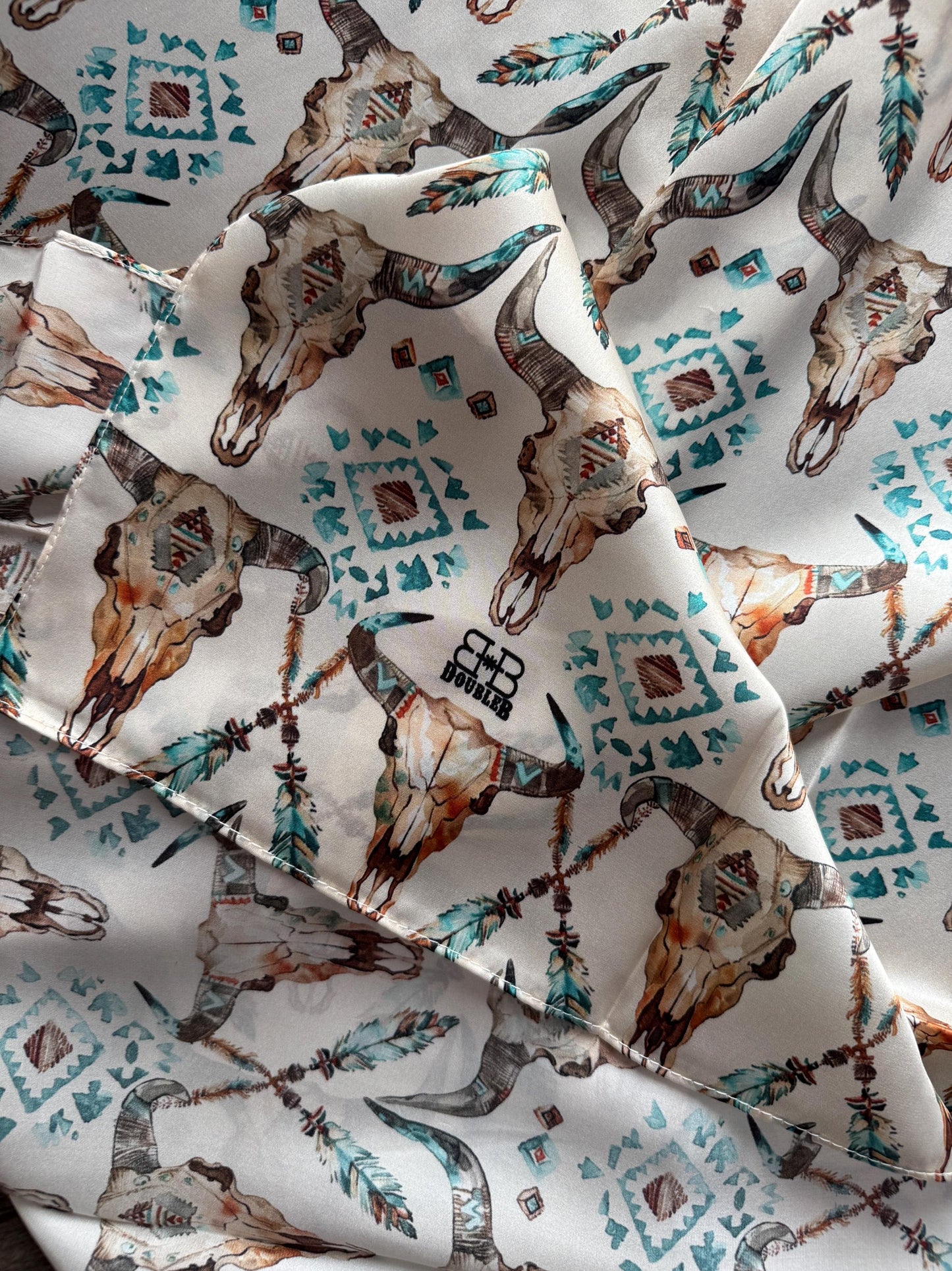 100% Silk Wild Rag Cow Skull and Turquoise by Double B Wild Rags Cowboy Western Scarf