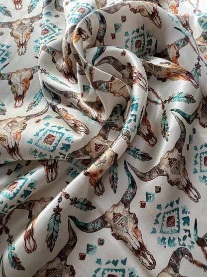 100% Silk Wild Rag Cow Skull and Turquoise by Double B Wild Rags Cowboy Western Scarf