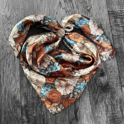 100% Silk Wild Rag Turquoise Blue, Rust, Ivory, Brown Floral by Double B Wild Rags