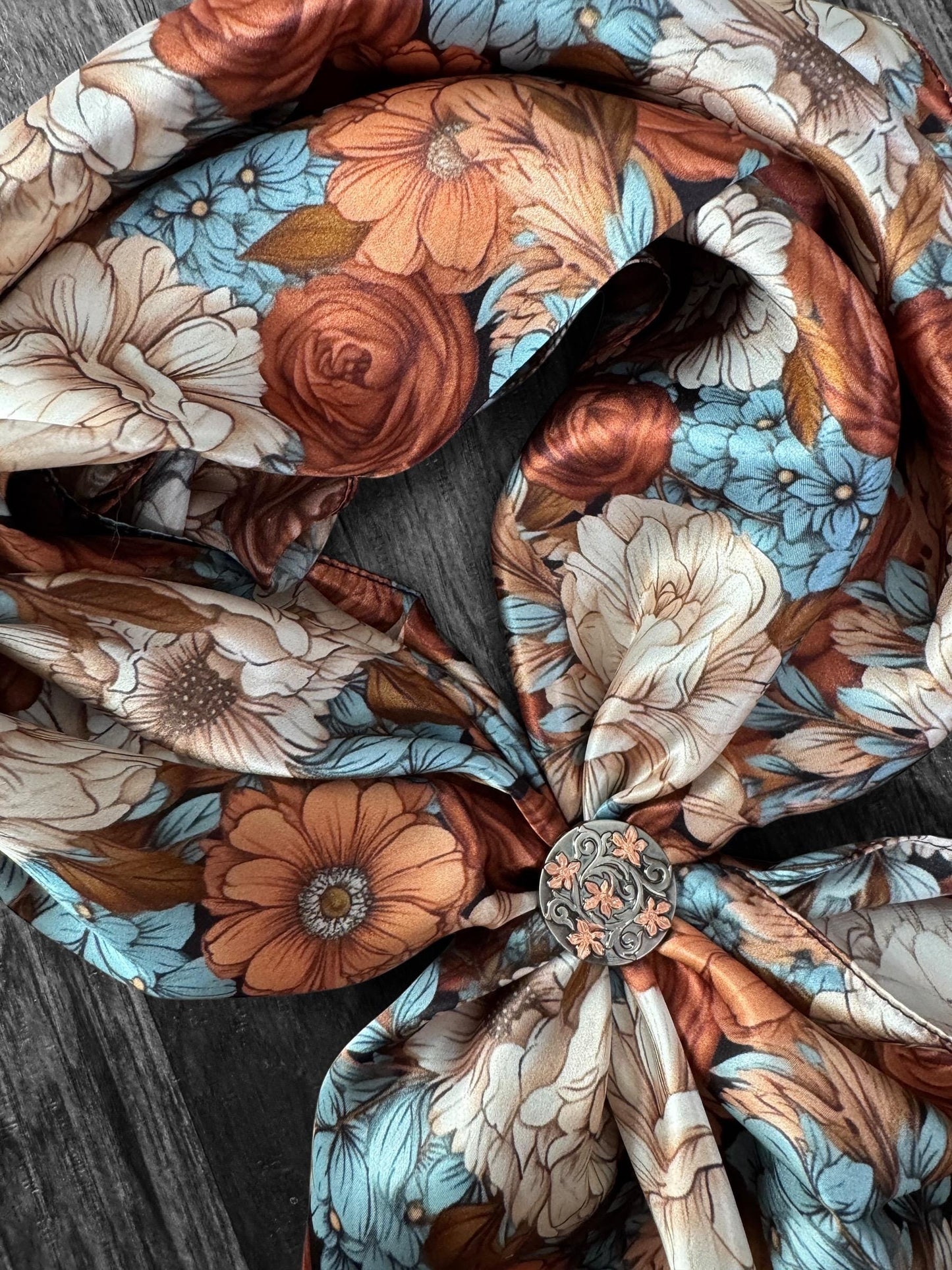 100% Silk Wild Rag Turquoise Blue, Rust, Ivory, Brown Floral by Double B Wild Rags