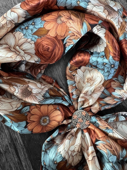 100% Silk Wild Rag Turquoise Blue, Rust, Ivory, Brown Floral by Double B Wild Rags