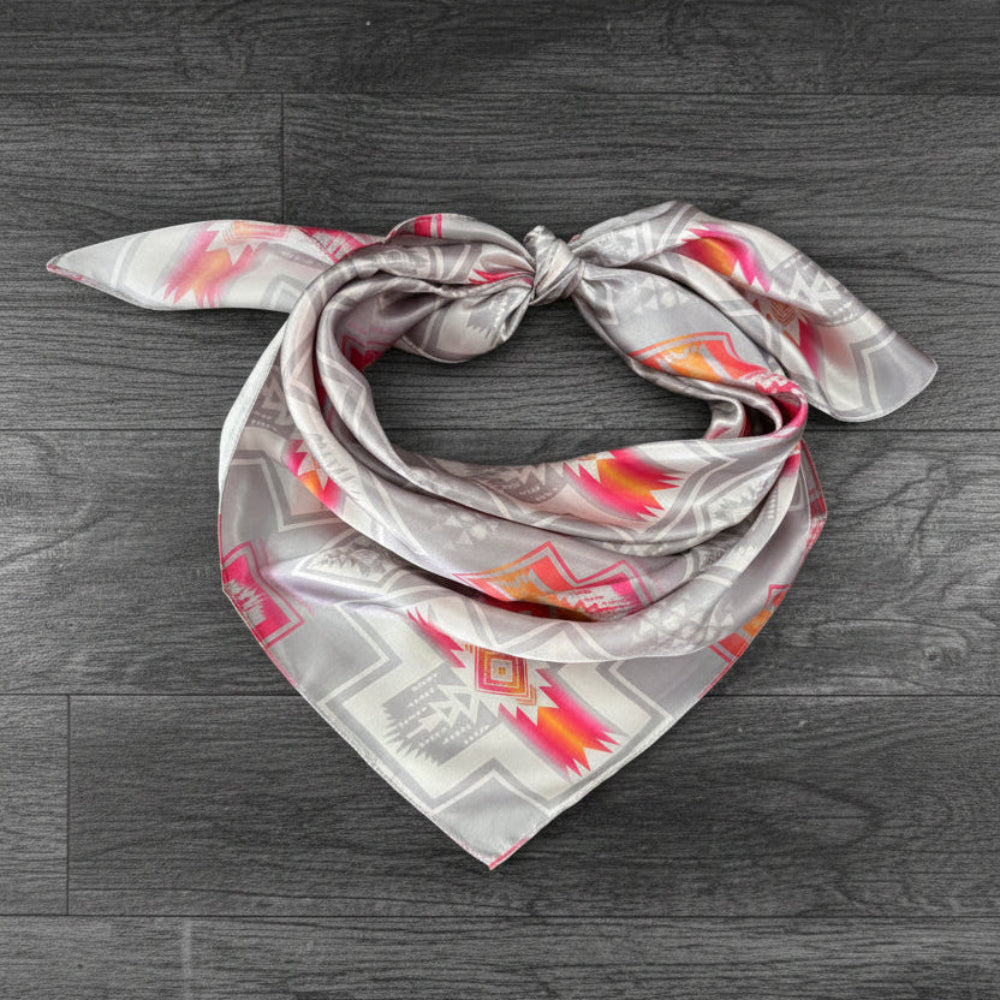 100% Silk Wild Rag Navajo Style Neck Scarf Bandana Double B Tribal Silver, White, Hot Pink, Orange
