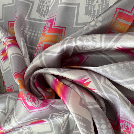 Close-up 100% Silk Wild Rag Navajo Style Neck Scarf Bandana Double B Tribal Silver, White, Hot Pink, Orange