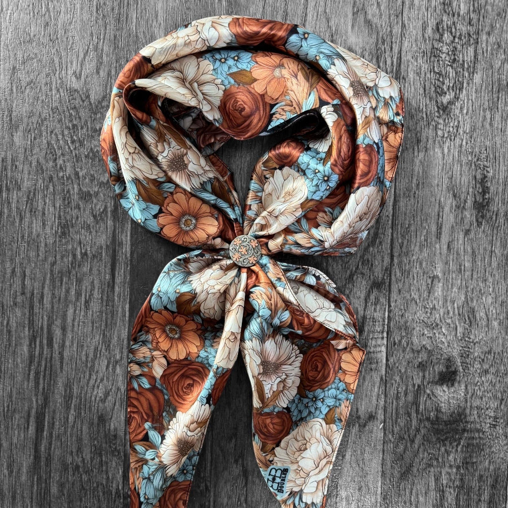 100% Silk Wild Rag Turquoise Blue, Rust, Ivory, Brown Floral by Double B Wild Rags