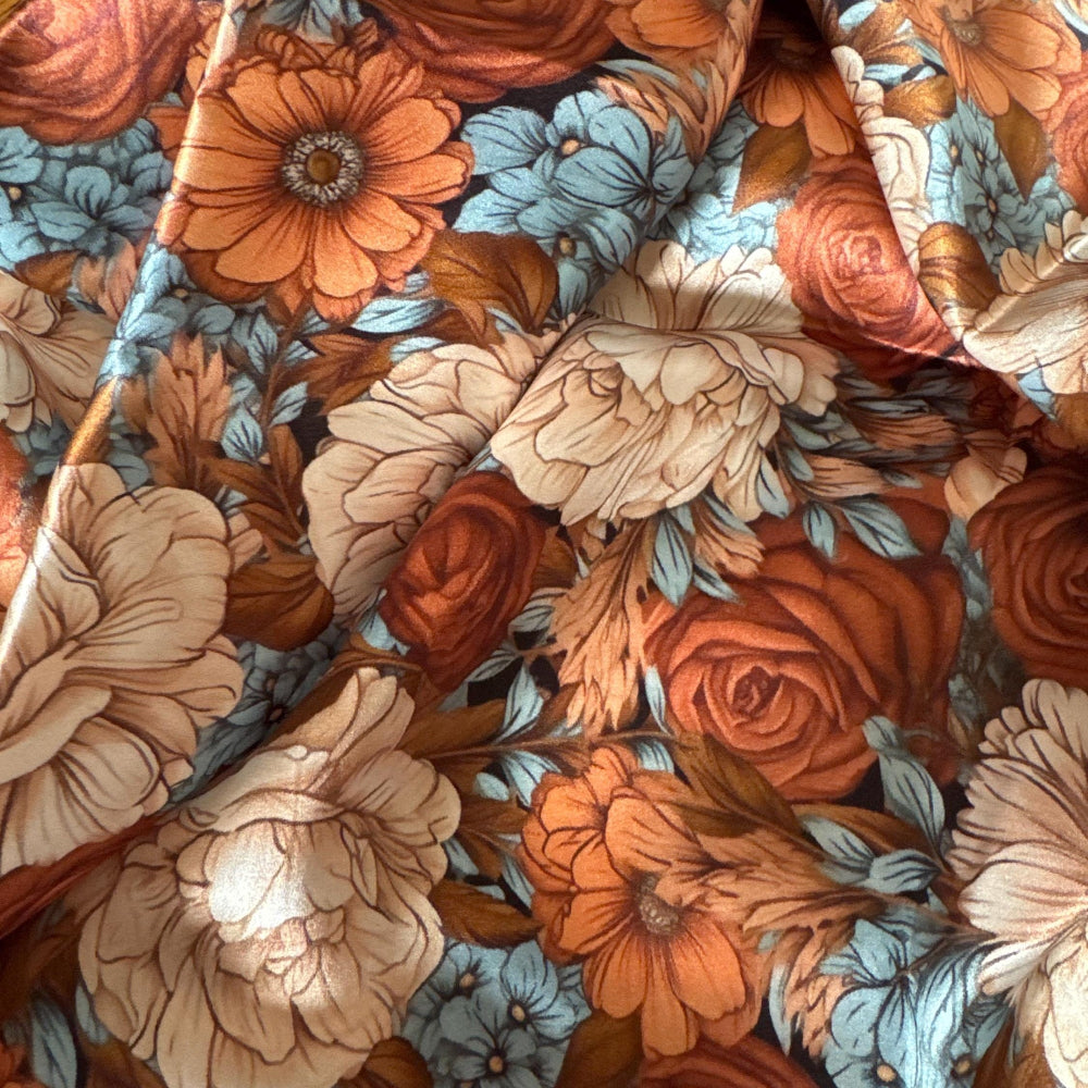 100% Silk Wild Rag Turquoise Blue, Rust, Ivory, Brown Floral by Double B Wild Rags