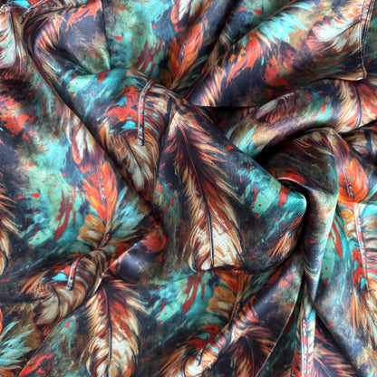 100% Silk Wild Rag Deep Rust Brown Teal Feathers Neck Scarf Bandana Double B