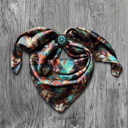100% Silk Wild Rag Deep Rust Brown Teal Feathers Neck Scarf Bandana Double B