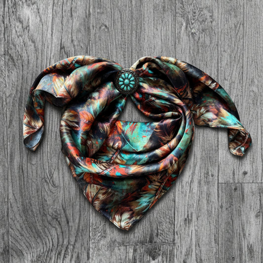100% Silk Wild Rag Deep Rust Brown Teal Feathers Neck Scarf Bandana Double B