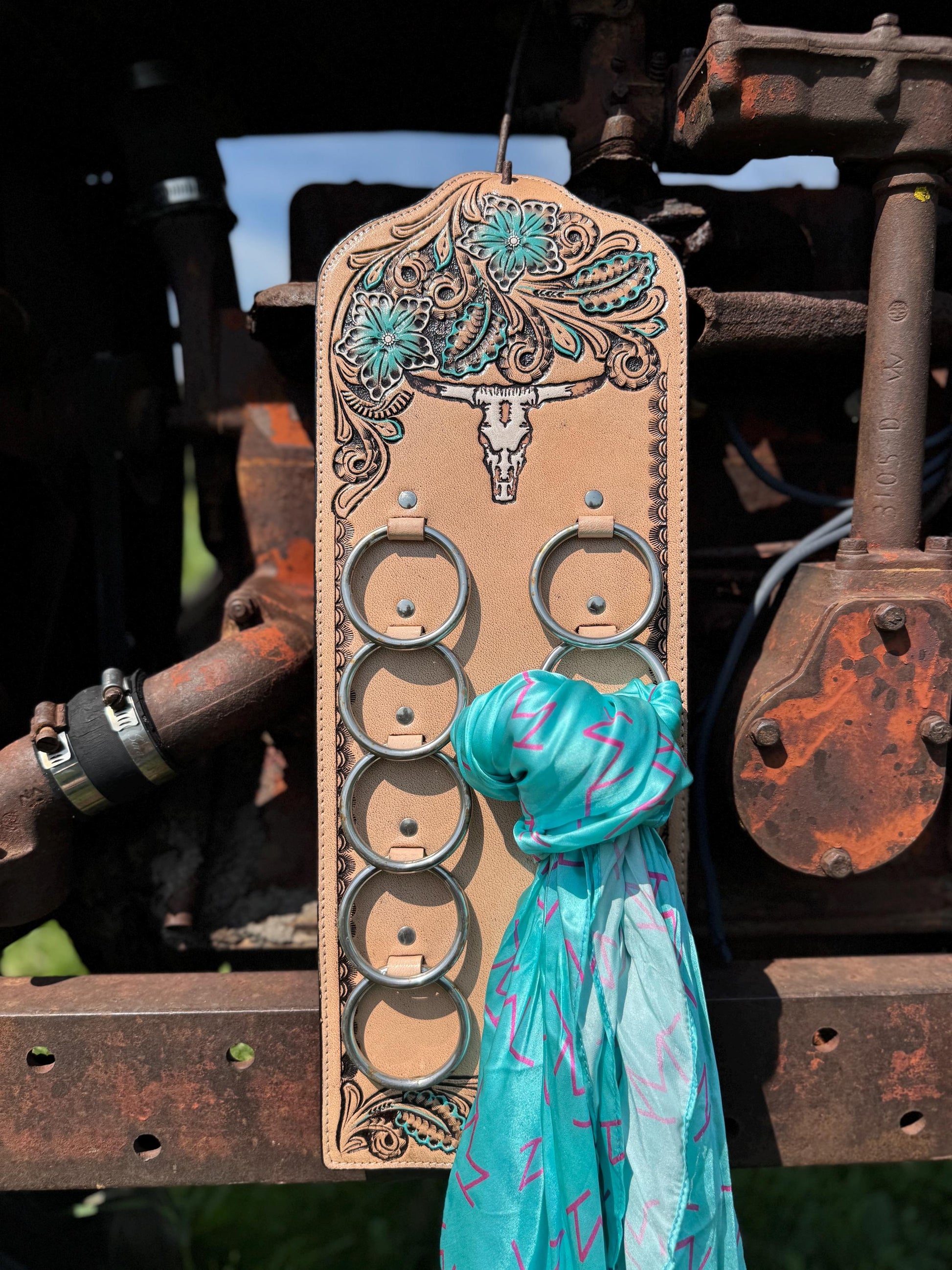 A Genuine Western Tooled Leather Turquoise Floral Cow Skull Wild Rag Scarf Display Holder Keeper Display