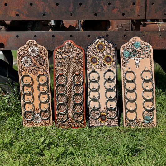 4 styles of Genuine Western Tooled Leather Wild Rag Scarf Display Holder Keepers