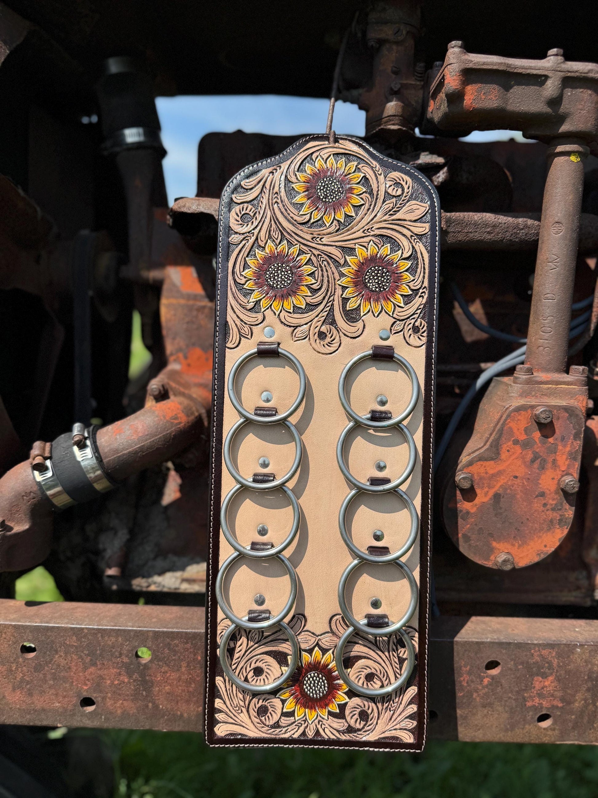 A Genuine Western Tooled Leather Floral Yellow Sunflower Wild Rag Scarf Display Holder Keeper 