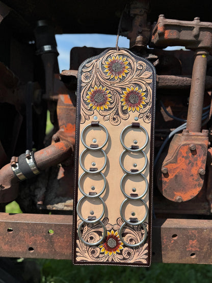 A Genuine Western Tooled Leather Floral Yellow Sunflower Wild Rag Scarf Display Holder Keeper 