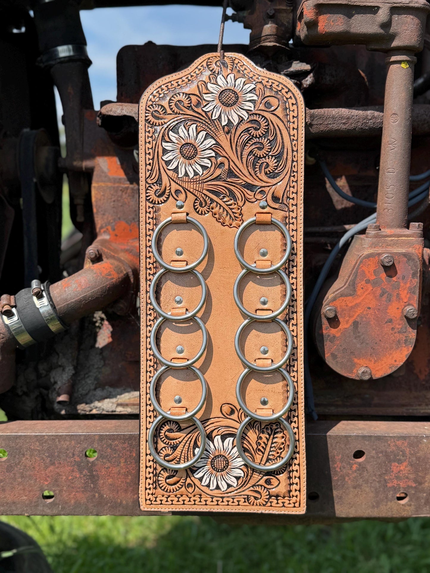 A Genuine Western Tooled Leather Floral White Sunflower Wild Rag Scarf Display Holder Keeper