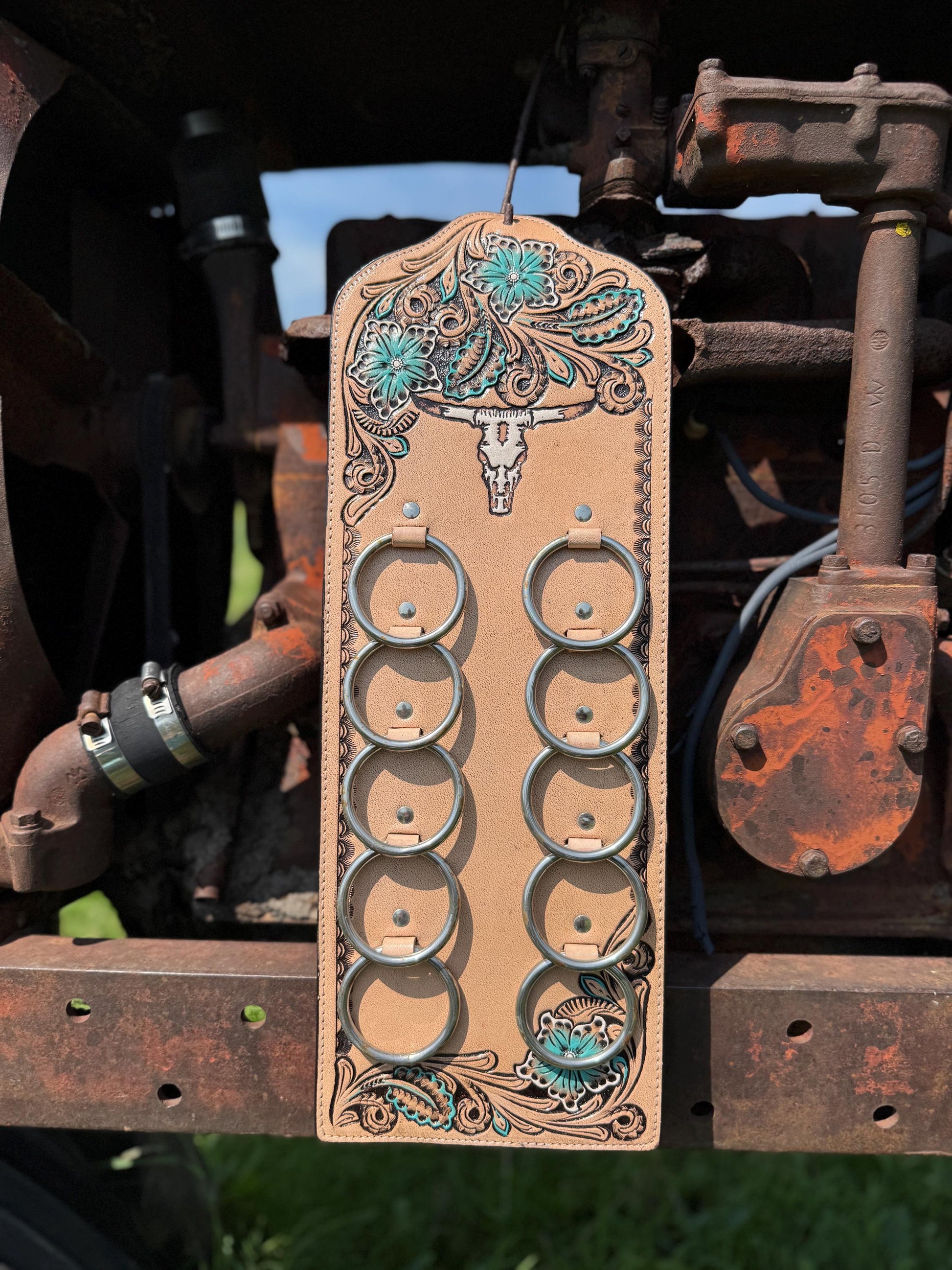 A Genuine Western Tooled Leather Turquoise Floral Cow Steer Skull Wild Rag Scarf Display Holder Keeper