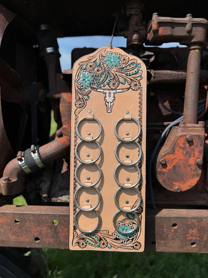 A Genuine Western Tooled Leather Turquoise Floral Cow Steer Skull Wild Rag Scarf Display Holder Keeper