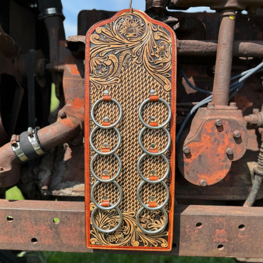 A Genuine Western Tooled Floral Basketweave Leather Wild Rag Scarf Display Holder Keepers