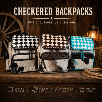 Checkered Genuine Cowhide Leather Backpack by Double B