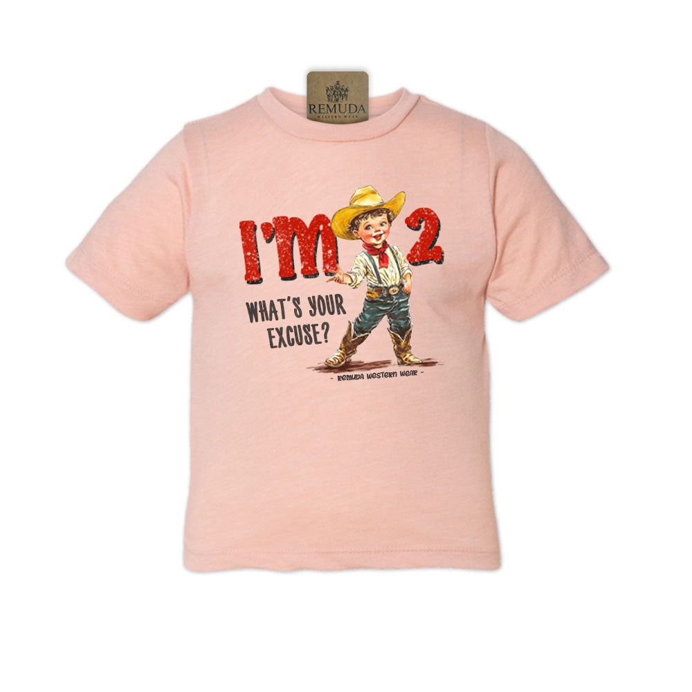 I'm 2, What's Your Excuse? Toddler Western Tee peach color