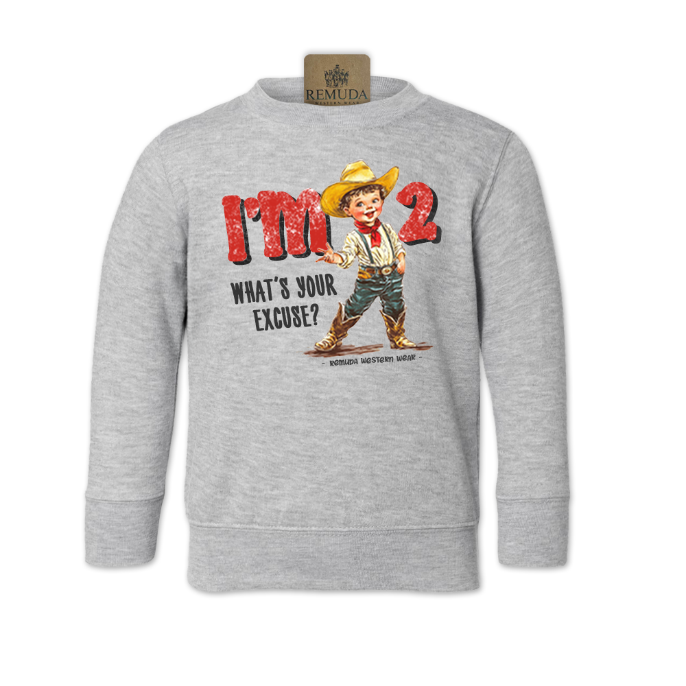 I'm 2 What's Your Excuse Toddler Kids western sweatshirt in Heather Grey