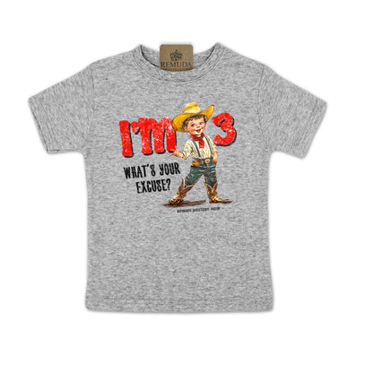 I'm 3, What's Your Excuse? Toddler Western Tee heather grey