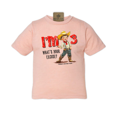 I'm 3, What's Your Excuse? Toddler Western Tee peach color