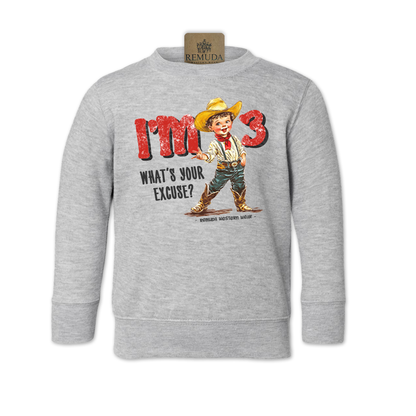 I'm 3 What's Your Excuse toddler kids western sweatshirt in Heather Grey