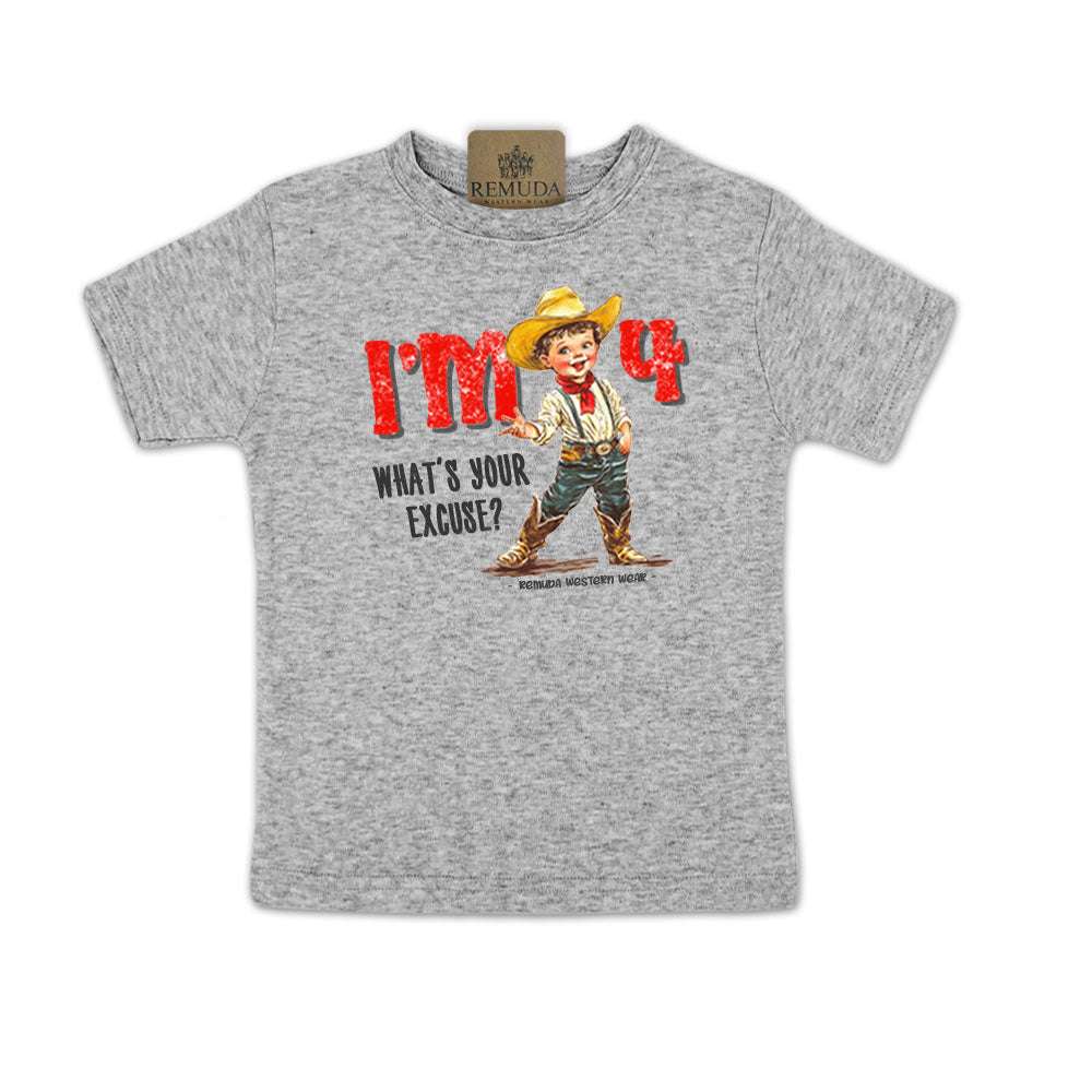 I'm 4, What's Your Excuse? Toddler Western Tee heather grey