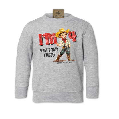 I'm 4 What's Your Excuse toddler kids western sweatshirt in Heather Grey