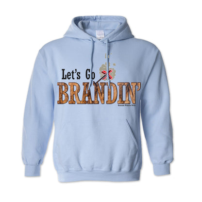 An adult vintage light blue colored hoodie with the phrase 'Let's Go Brandin'' printed in bold western letters across the chest. Above the text is an illustration of a classic western-style branding iron, emitting a faint glow of heat. The branding iron features a distinctive 'X' emblem, reminiscent of cattle branding. A great shirt for western wear, ranch wear, or rodeo wear.