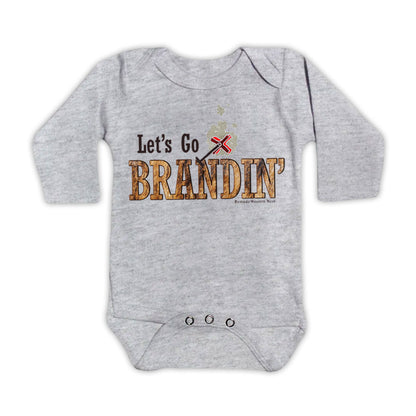 A stylish western-themed gray colored infant long sleeve one piece romper bodysuit featuring the phrase 'Let's Go Brandin'' prominently printed in bold, weathered letters across the chest. Above the shirt is is an illustration of a branding iron, evoking a rustic cowboy aesthetic. Kids Western wear, Ranch wear and Rodeo wear.