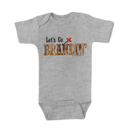 A stylish western-themed gray colored infant short sleeve one piece romper bodysuit featuring the phrase 'Let's Go Brandin'' prominently printed in bold, weathered letters across the chest. Above the shirt is is an illustration of a branding iron, evoking a rustic cowboy aesthetic. Kids Western wear, Ranch wear and Rodeo wear.