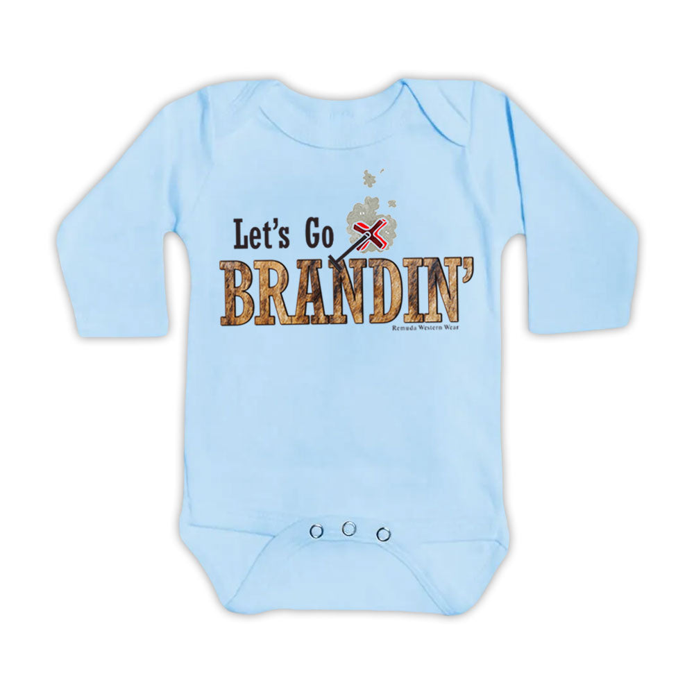 A stylish western-themed light blue colored infant long sleeve one piece romper bodysuit featuring the phrase 'Let's Go Brandin'' prominently printed in bold, weathered letters across the chest. Above the shirt is is an illustration of a branding iron, evoking a rustic cowboy aesthetic. Kids Western wear, Ranch wear and Rodeo wear.