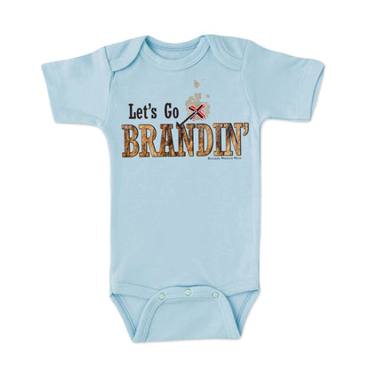 A stylish western-themed light blue colored infant short sleeve one piece romper bodysuit featuring the phrase 'Let's Go Brandin'' prominently printed in bold, weathered letters across the chest. Above the shirt is is an illustration of a branding iron, evoking a rustic cowboy aesthetic. Kids Western wear, Ranch wear and Rodeo wear.