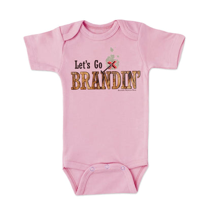 A stylish western-themed light pink colored infant short sleeve one piece romper bodysuit featuring the phrase 'Let's Go Brandin'' prominently printed in bold, weathered letters across the chest. Above the shirt is is an illustration of a branding iron, evoking a rustic cowboy aesthetic. Kids Western wear, Ranch wear and Rodeo wear.