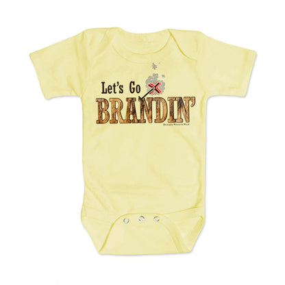 A stylish western-themed light yellow colored infant short sleeve one piece romper bodysuit featuring the phrase 'Let's Go Brandin'' prominently printed in bold, weathered letters across the chest. Above the shirt is is an illustration of a branding iron, evoking a rustic cowboy aesthetic. Kids Western wear, Ranch wear and Rodeo wear.