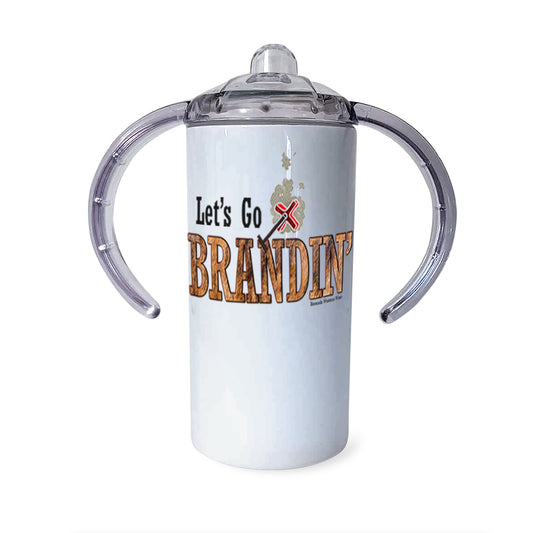 A children's sippy cup tumbler with a western theme, featuring the phrase 'Let's Go Brandin'' printed in playful, colorful letters on the front. Above the text is an illustration of a small branding iron, reminiscent of those used in the Old West. The branding iron emits a gentle glow, adding a whimsical touch to the design.