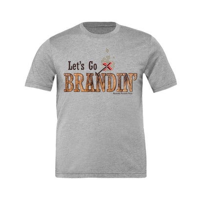 A stylish western-themed athletic gray colored adult-shirt featuring the phrase 'Let's Go Brandin'' prominently printed in bold, weathered letters across the chest. Above the shirt is is an illustration of a branding iron, evoking a rustic cowboy aesthetic. Western wear, Ranch wear and Rodeo wear.