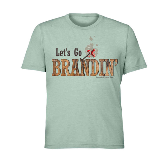 A stylish western-themed dusty blue colored adult-shirt featuring the phrase 'Let's Go Brandin'' prominently printed in bold, weathered letters across the chest. Above the shirt is is an illustration of a branding iron, evoking a rustic cowboy aesthetic. Western wear, Ranch wear and Rodeo wear.