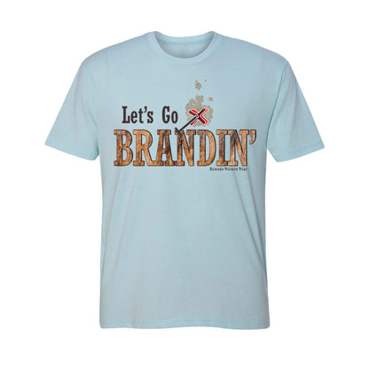 A stylish western-themed light ice blue colored adult-shirt featuring the phrase 'Let's Go Brandin'' prominently printed in bold, weathered letters across the chest. Above the shirt is is an illustration of a branding iron, evoking a rustic cowboy aesthetic. Western wear, Ranch wear and Rodeo wear.