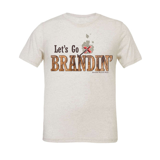 A stylish western-themed oatmeal colored adult-shirt featuring the phrase 'Let's Go Brandin'' prominently printed in bold, weathered letters across the chest. Above the shirt is is an illustration of a branding iron, evoking a rustic cowboy aesthetic. Western wear, Ranch wear and Rodeo wear.