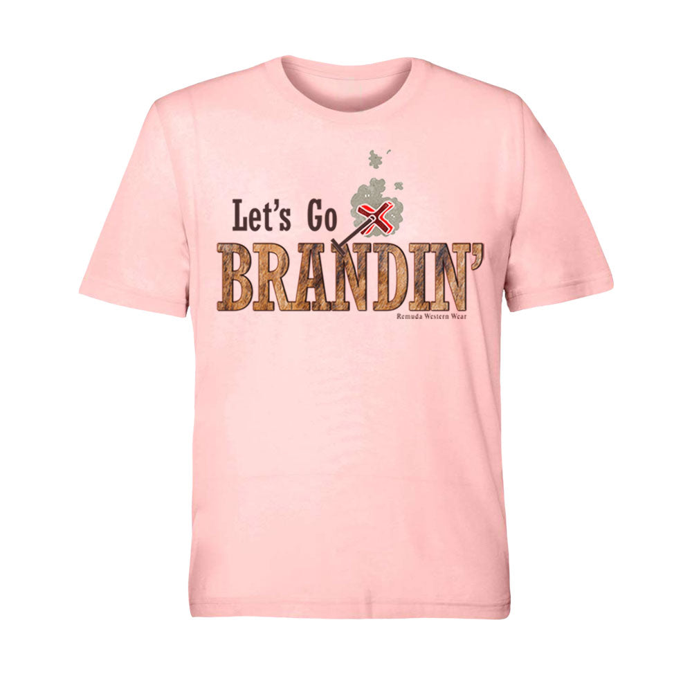 A stylish western-themed pink colored adult-shirt featuring the phrase 'Let's Go Brandin'' prominently printed in bold, weathered letters across the chest. Above the shirt is is an illustration of a branding iron, evoking a rustic cowboy aesthetic. Western wear, Ranch wear and Rodeo wear.