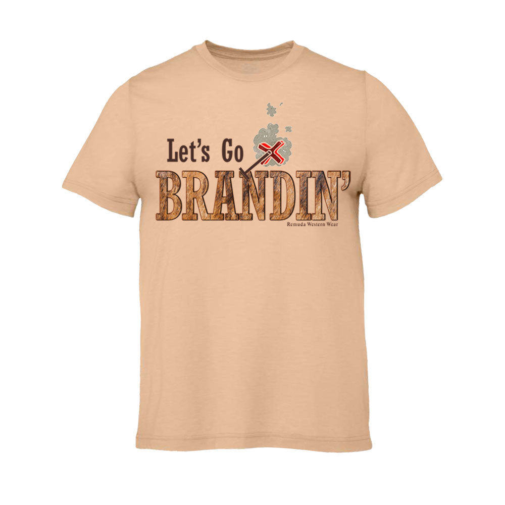 A stylish western-themed sand dune tan colored adult-shirt featuring the phrase 'Let's Go Brandin'' prominently printed in bold, weathered letters across the chest. Above the shirt is is an illustration of a branding iron, evoking a rustic cowboy aesthetic. Western wear, Ranch wear and Rodeo wear.