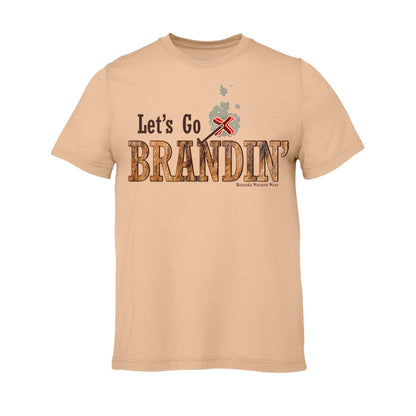 A stylish western-themed sand dune tan colored adult-shirt featuring the phrase 'Let's Go Brandin'' prominently printed in bold, weathered letters across the chest. Above the shirt is is an illustration of a branding iron, evoking a rustic cowboy aesthetic. Western wear, Ranch wear and Rodeo wear.