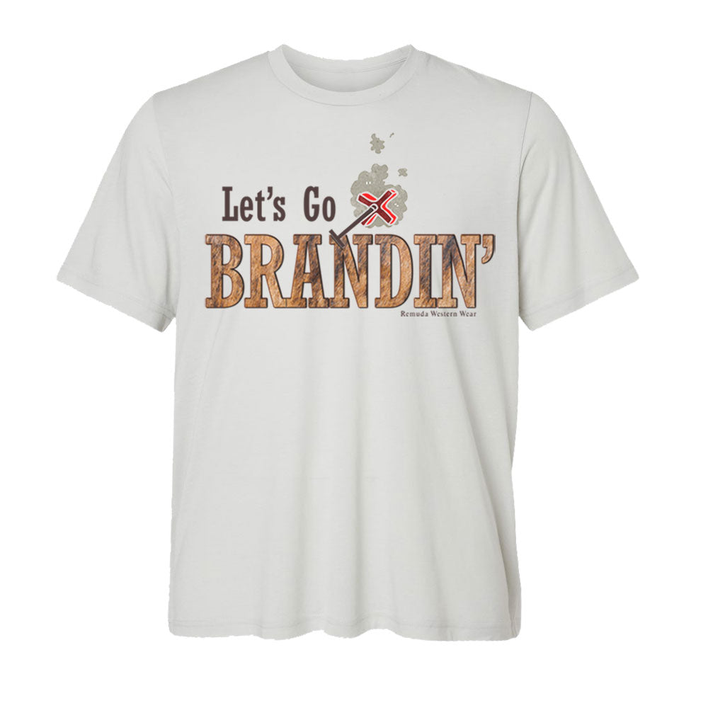 A stylish western-themed solid silver colored adult-shirt featuring the phrase 'Let's Go Brandin'' prominently printed in bold, weathered letters across the chest. Above the shirt is is an illustration of a branding iron, evoking a rustic cowboy aesthetic. Western wear, Ranch wear and Rodeo wear.