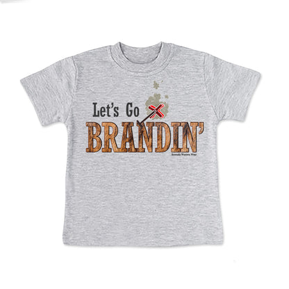 A stylish western-themed heather gray colored infant t-shirt featuring the phrase 'Let's Go Brandin'' prominently printed in bold, weathered letters across the chest. Above the shirt is is an illustration of a branding iron, evoking a rustic cowboy aesthetic. Kids Western wear, Ranch wear and Rodeo wear.