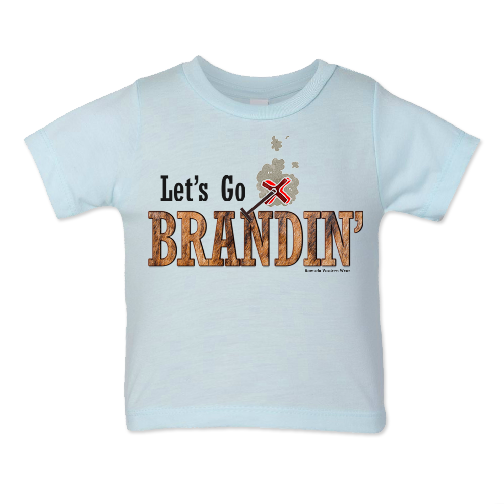 A stylish western-themed light ice blue colored infant t-shirt featuring the phrase 'Let's Go Brandin'' prominently printed in bold, weathered letters across the chest. Above the shirt is is an illustration of a branding iron, evoking a rustic cowboy aesthetic. Kids Western wear, Ranch wear and Rodeo wear.