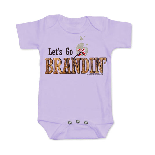 A stylish western-themed lilac purple colored infant short sleeve onesie featuring the phrase 'Let's Go Brandin'' prominently printed in bold, weathered letters across the chest. Above the shirt is is an illustration of a branding iron, evoking a rustic cowboy aesthetic. Kids Western wear, Ranch wear and Rodeo wear.
